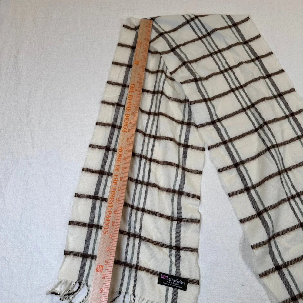 100% Cashmere Scarf Made in Scotland Plaid Cream Brown Grey Fringe Unisex